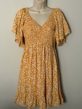 In Loom Floral Smocked Marigold Yellow V-Neck Mini Dress